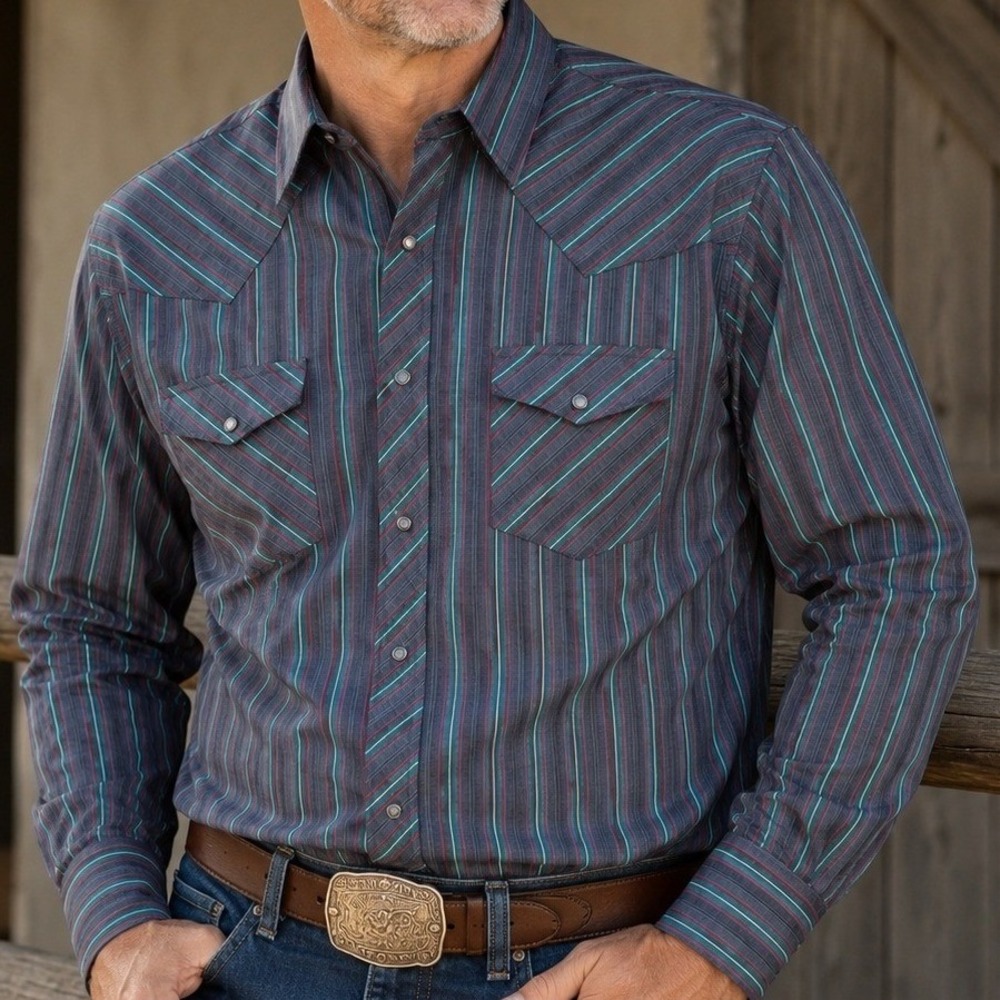 Sheplers Western Fit Pearl Snap Shirt Mens XL Blue Striped Cotton‎ Blend Cowboy